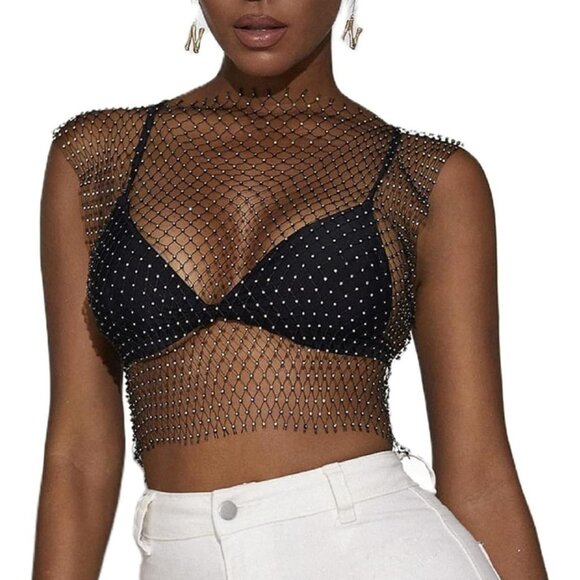 🆕Women Black Polyester Glitter Tank Top Sexy Mesh Rhinestone Hollow Crop Top - Picture 1 of 8